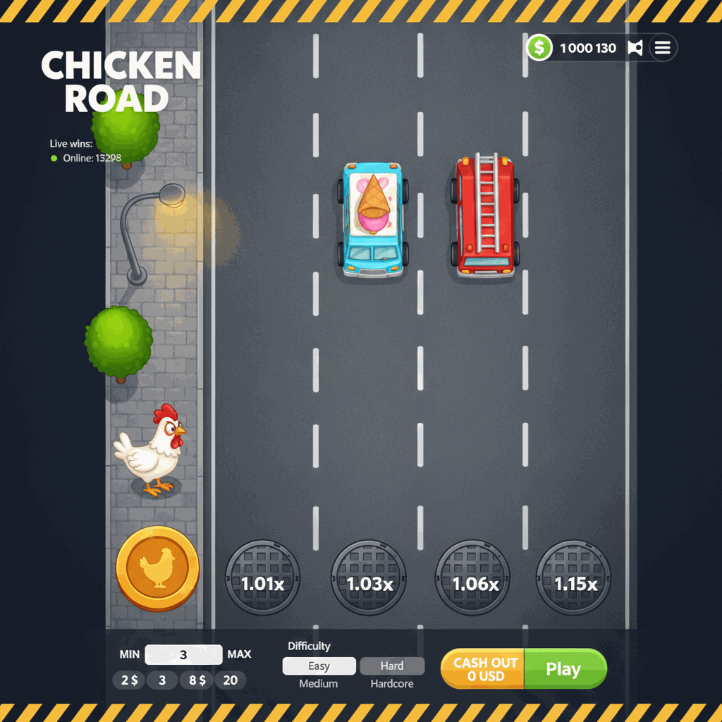 Chicken Road crash game by InOut showing a cartoon chicken character crossing a multi-lane road from a top-down perspective, with manhole covers displaying multiplier values on each lane, cars appearing as hazards, and a dark urban environment with lane markings and sidewalk scenery